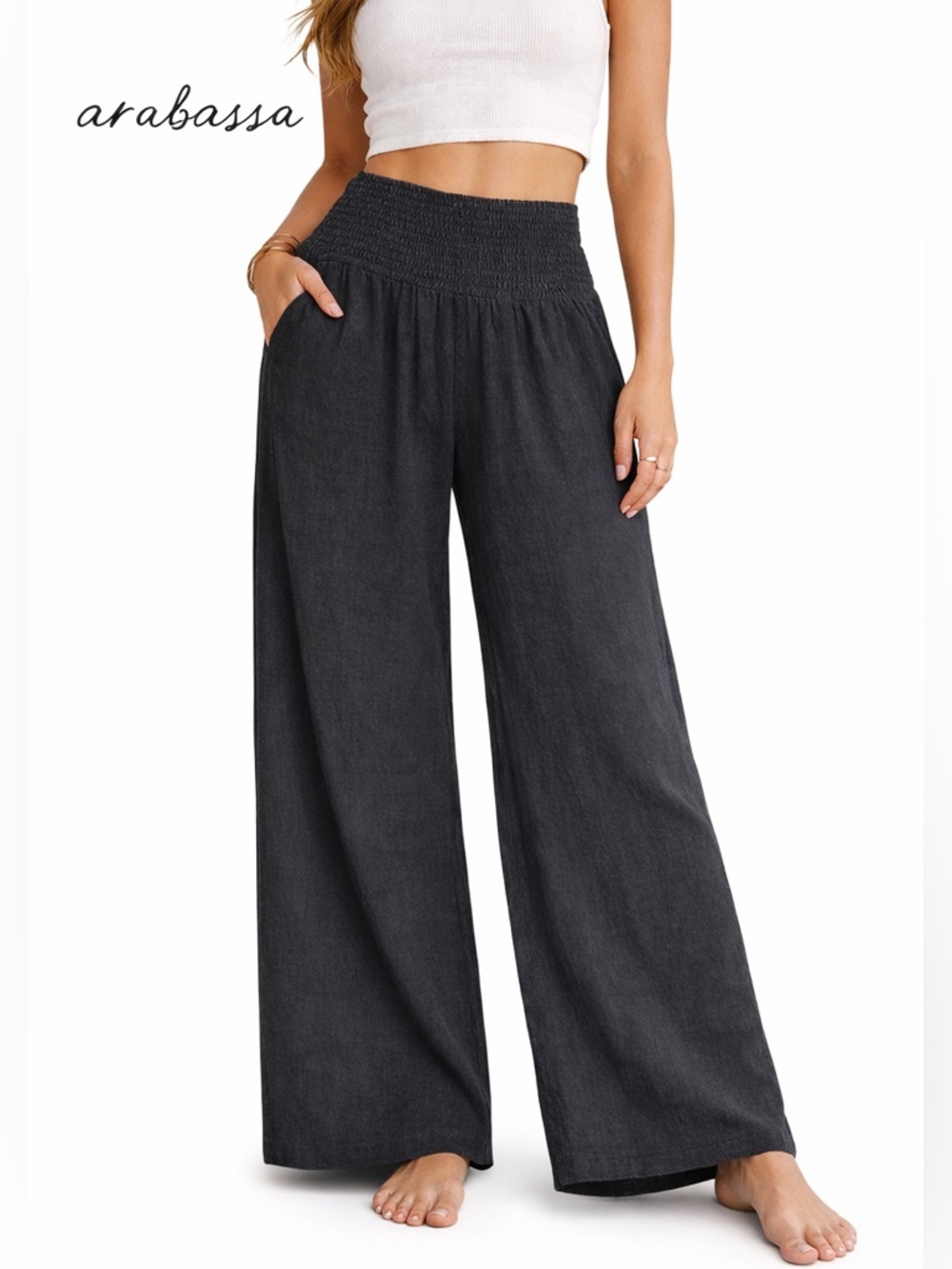 Arabassa Black Smocked High Rise Wide Leg Pants Size Small boho